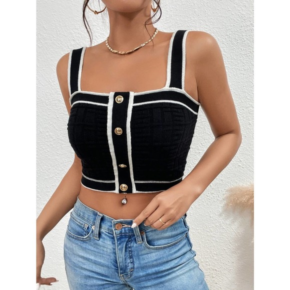 Plazacore preppy Contrast Trim Button Detail Crop Knit Top tan - Picture 3 of 11